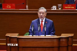 Tổng Bí thư Tô Lâm trình bày Báo cáo của Ban Chấp hành Trung ương Đảng khóa XIII về các văn kiện trình Đại hội XIV của Đảng. (Ảnh: TTXVN)