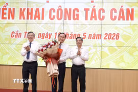 Lãnh đạo Thành ủy và UBND thành phố Cần Thơ trao quyết định phê chuẩn kết quả bầu Phó chủ tịch UBND thành phố Cần Thơ của Thủ tướng Chính phủ cho ông Lê Công Lý. (Ảnh: TTXVN phát)