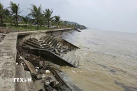 Tuyến kè biển Hải Tiến dài khoảng 300m bị sóng biển đánh sụt lún, nứt gãy. (Ảnh: Việt Hoàng/TTXVN)