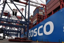 Tàu chở hàng hóa Trung Quốc neo tại cảng Long Beach ở Los Angeles, Mỹ. (Ảnh: THX/TTXVN)