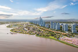 Dự án có tổng mức đầu tư khoảng 855.000 tỷ đồng với quy mô 11.000 ha, kéo dài từ cầu Sông Hồng đến cầu Mễ Sở, thuộc địa giới 19 xã, phường của thành phố Hà Nội, tổng chiều dài khoảng 80km. (Ảnh phối cảnh: Phan Phương/TTXVN)