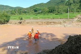 Cán bộ, công nhân viên Công ty Điện lực Sơn La tiếp cận các vị trí hệ thống điện bị ảnh hưởng trên địa bàn khu vực Sông Mã-Sốp Cộp. (Ảnh: TTXVN phát)