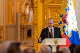 Tổng thống Nga Vladimir Putin phát biểu tại thủ đô Moskva. (Ảnh: THX/TTXVN)