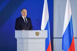 Tổng thống Nga Vladimir Putin phát biểu tại thủ đô Moskva. (Ảnh: THX/TTXVN)