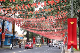 Đường phố phường Buôn Ma Thuột, tỉnh Đắk Lắk được trang trí cờ hoa rực rỡ. (Ảnh: Tuấn Anh/TTXVN)