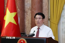 Chủ tịch nước Lương Cường phát biểu tại buổi gặp mặt các nhà báo tiêu biểu toàn quốc. (Ảnh: Lâm Khánh/TTXVN)