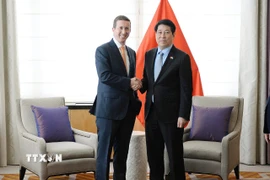 Chủ tịch nước Lương Cường tiếp Giám đốc điều hành Quỹ đầu tư Warburg Pincus, Chủ tịch Hội đồng Kinh doanh Hoa Kỳ-ASEAN Jeffey David Perlman. (Ảnh: TTXVN)