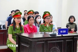 Bị cáo Nguyễn Thị Bình (áo hồng, giữa) tại phiên tòa. (Ảnh: Kim Anh/TTXVN)