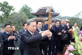 Tổng Bí thư Tô Lâm và đoàn công tác dâng hoa, dâng hương tại Đền Chung Sơn - Đền thờ gia tiên Bác Hồ. (Ảnh: Thống Nhất/TTXVN)