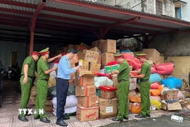 Lực lượng chức năng tiếp nhận và kiểm tra hàng hóa hết hạn sử dụng, không rõ nguồn gốc xuất xứ. (Ảnh : TTXVN phát)