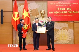 Chủ tịch Quốc hội Trần Thanh Mẫn trao tặng Huy hiệu 30 năm tuổi Đảng cho đồng chí Vũ Hải Hà. (Ảnh: Doãn Tấn/TTXVN)