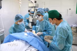 Ca phẫu thuật được thực hiện bởi các bác sỹ đầu ngành nhãn khoa của Bệnh viện Mắt Trung ương, Bệnh viện Mắt Hải Phòng và êkíp gây mê của Bệnh viện Hữu nghị Việt Tiệp cùng tổ chuyên gia hỗ trợ. (Ảnh: TTXVN phát)