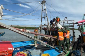 Bộ đội Biên phòng Nghệ An hỗ trợ ngư dân neo đậu tàu thuyền tại nơi tránh trú an toàn. (Ảnh: TTXVN phát)