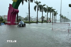 Do ngập nước sâu, nhiều xe máy, ô tô đi vào tuyến đường Phan Chu Trinh, phường Hạc Thành, Thanh Hóa bị chết máy. (Ảnh: Việt Hoàng/TTXVN)