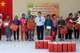 Phó Thủ tướng Chính phủ Nguyễn Chí Dũng tặng quà Tết cho đồng bào Raglai tại xã Anh Dũng. (Ảnh: Công Thử/TTXVN)