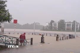 Lũ lên trên báo động 2 gây ngập ven bờ Nam sông Hương, thành phố Huế. (Ảnh: Nguyên Lý/TTXVN)