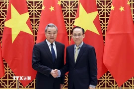 Bộ trưởng Bộ Ngoại giao Lê Hoài Trung đón Bộ trưởng Bộ Ngoại giao Trung Quốc Vương Nghị. (Ảnh: An Đăng/TTXVN)