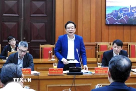 Đồng chí Nghiêm Phú Cường, Phó Chủ nhiệm Ủy ban Kiểm tra Trung ương, Phó Trưởng đoàn Thường trực chủ trì buổi làm việc. (Ảnh: Quốc Dũng/TTXVN)