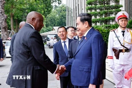Chủ tịch Quốc hội Trần Thanh Mẫn đón Tổng thống Cộng hòa Nam Phi Matamela Cyril Ramaphosa thăm cấp nhà nước đến Việt Nam. (Ảnh: Doãn Tấn/TTXVN)
