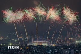 Màn pháo hoa tổng duyệt chào mừng Đại hội đại biểu toàn quốc lần thứ XIV của Đảng. (Ảnh: Lê Đông/TTXVN)