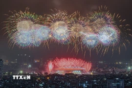 Màn pháo hoa tổng duyệt chào mừng Đại hội đại biểu toàn quốc lần thứ XIV của Đảng. (Ảnh: Lê Đông/TTXVN)