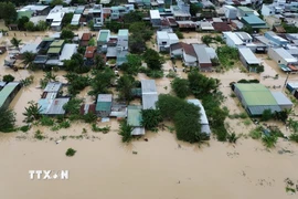Mưa lũ gây ngập lụt sâu trên diện rộng ở Khánh Hòa. Ảnh: Nguyễn Thành - TTXVN