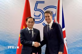 Bộ trưởng Ngoại giao Lê Hoài Trung và Bộ trưởng Ngoại giao Anh Ed Miliband. (Ảnh: Việt Dũng/TTXVN)