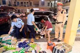 Số lượng lớn thực phẩm không rõ nguồn gốc, xuất xứ bị bắt giữ. (Ảnh: TTXVN phát) 