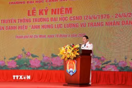 Đại tướng Lương Tam Quang, Ủy viên Bộ Chính trị, Bộ trưởng Bộ Công an phát biểu chỉ đạo tại Lễ kỷ niệm 50 năm Ngày truyền thống Trường Đại học Cảnh sát nhân dân (24/4/1976 -24/4/2026) và đón nhận danh hiệu Anh hùng Lực lượng vũ trang nhân dân. (Ảnh: Hồng Đạt/TTXVN)