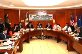 Quang cảnh buổi làm việc của đoàn công tác với Hạ nghị sỹ Pedro Vazquez, Chủ nhiệm Ủy ban Đối ngoại Hạ viện Mexico và đại diện các Ủy ban chức năng tại Hạ viện Mexico. (Ảnh: Phi Hùng/TTXVN)