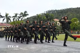 Các lực lượng thực hiện đi theo điều lệnh tại lễ tuyên thệ. (Ảnh: Trọng Đức/TTXVN)