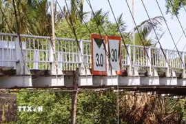 Dây văng, lan can cầu xuất hiện rỉ sét. (Ảnh: Tuấn Phi/TTXVN)