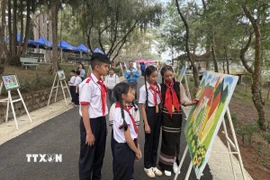 Các em thiếu nhi tham quan khu vực trưng bày hội họa về thành tựu, danh lam thắng cảnh của Đà Lạt. (Ảnh: Nguyễn Dũng/TTXVN)