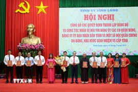 Phó Bí thư Tỉnh ủy Vĩnh Long Lâm Minh Đằng trao Quyết định nhân sự Ban Thường vụ Hội Chữ thập Đỏ tỉnh Vĩnh Long. (Ảnh: Phạm Minh Tuấn/TTXVN)