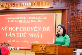 Đồng chí Cao Thị Hòa An, Uỷ viên Ban chấp hành Trung ương Đảng, Phó Bí thư Tỉnh ủy, Chủ tịch Hội đồng Nhân dân tỉnh Đắk Lắk phát biểu tại kỳ họp. (Ảnh: Ngọc Minh/TTXVN)