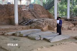 Đền tháp tại gò 1A rất đồ sộ, nơi có bệ thờ đặt bộ linh vật Linga-Yoni lớn nhất Đông Nam Á, vẫn bị vùi lầp dưới nền đất suốt nhiều thế kỷ, đến năm 1984 mới bắt đầu phát lộ. (Ảnh: Kha Phạm/TTXVN)
