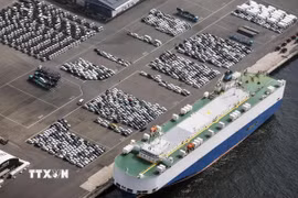 Xe ôtô chờ xuất khẩu tại trung tâm logistics ở Kawasaki, gần Tokyo, ngày 27/3/2025. (Ảnh: Kyodo/TTXVN)