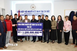 Đại diện Đại sứ quán Việt Nam tại Séc cùng đại diện nhiều hội đoàn kiều bào tham gia ủng hộ. (Ảnh Việt Thắng/TTXVN) 