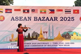 Tiết mục biểu diễn đàn Violon bài "Bèo dạt mây trôi" của một thành viên đoàn Việt Nam. (Ảnh: Ngọc Thúy/TTXVN)