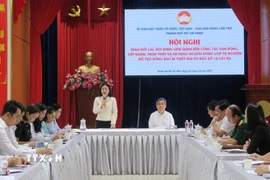 Bà Trương Thị Bích Hạnh, Phó Chủ tịch Thường trực Ủy ban Mặt trận Tổ quốc Việt Nam Thành phố Hồ Chí Minh trình bày kế hoạch hỗ trợ các địa phương bị ảnh hưởng bởi cơn bão số 10. (Ảnh: Đinh Hằng/TTXVN)