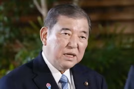 Thủ tướng Nhật Bản Shigeru Ishiba trong cuộc họp báo tại Tokyo, ngày 3/4/2025. Ảnh: Kyodo/TTXVN