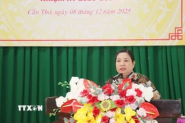 Bà Hồ Thị Cẩm Đào, Phó Bí thư Thành ủy, Chủ tịch Ủy ban Mặt trận Tổ quốc Việt Nam thành phố Cần Thơ, phát biểu. (Ảnh: Ngọc Thiện/TTXVN) 