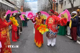 Màn trình diễn áo dài của cộng đồng người Việt tại Pháp trong cuộc diễu hành mừng Năm mới Âm lịch 2026 ở thủ đô Paris. (Ảnh: Hữu Chiến/TTXVN)