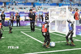 Cuộc thi Robot đá bóng diễn ra kịch tính. (Ảnh: Công Tuyên/TTXVN)