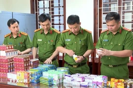 Phòng Cảnh sát kinh tế Công an tỉnh Thanh Hóa triệt phá đường dây sản xuất, buôn bán tân dược giả qui mô lớn. (Ảnh: TTXVN phát)