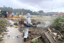 Lực lượng chức năng phun thuốc khử khuẩn đảm bảo vệ sinh môi trường sau mưa lũ. Ảnh: Tường Quân - TTXVN