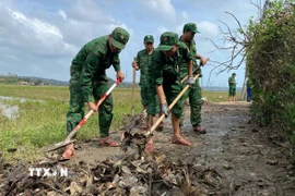 Cán bộ, chiến sỹ Đồn Biên Phòng Tuy Hòa dọn bùn đất tại phường Phú Yên để người dân đi lại thuận tiện. (Ảnh: Tường Quân/TTXVN)