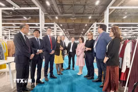 Đại sứ Việt Nam tại Pháp Đinh Toàn Thắng, đại diện Ban tổ chức và các đơn vị hỗ trợ trao đổi với các doanh nghiệp Việt Nam tham dự Triển lãm. (Ảnh: Hữu Chiến/TTXVN)