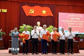 Lãnh đạo Thành ủy Cần Thơ trao quyết định của Ban Bí thư chỉ định các đồng chí tham gia Ban Chấp hành Đảng bộ thành phố nhiệm kỳ 2025-2030. (Ảnh: Ngọc Thiện/TTXVN)