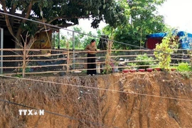 Gia đình chị Nguyễn Thị Nguyệt tại xã Phú Riềng (Đồng Nai) phải làm 2 lớp hàng rào ngăn cách với mép vực để bảo đảm an toàn. (Ảnh: Đậu Tất Thành/TTXVN)